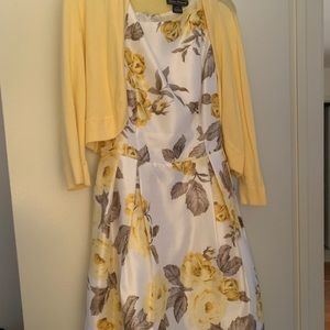 Floral dress with yellow sweater